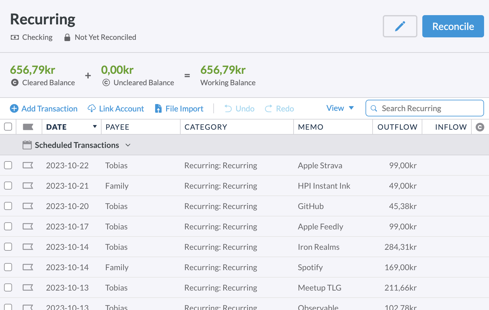 Screenshot from YNAB of some of our recurring expenses