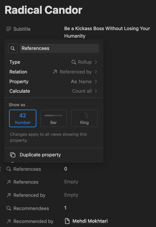 Detailed book view with settings for a &ldquo;rollup&rdquo; type of property.